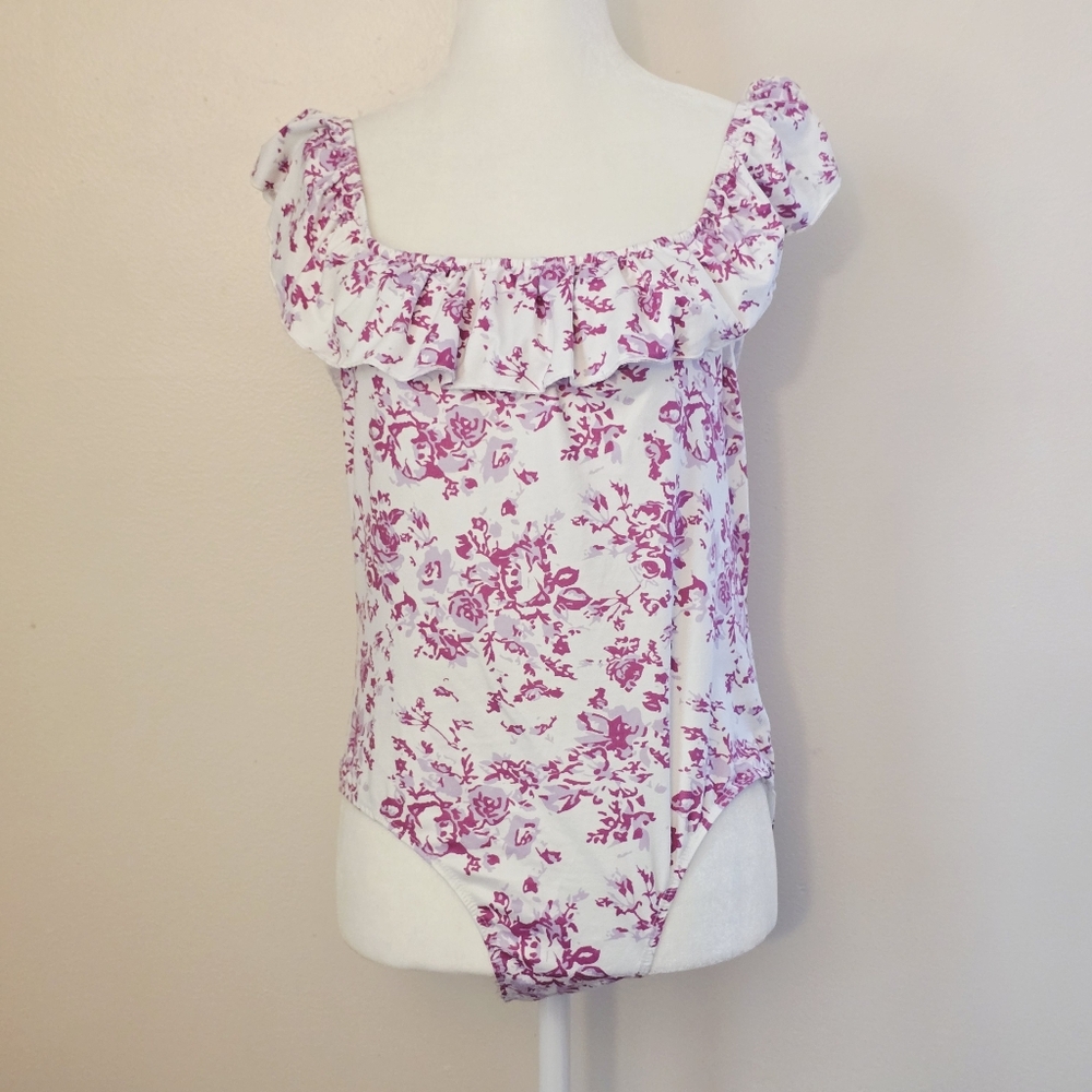 SHEIN Women's XL White and Pink Floral Ruffle Bodysuit
